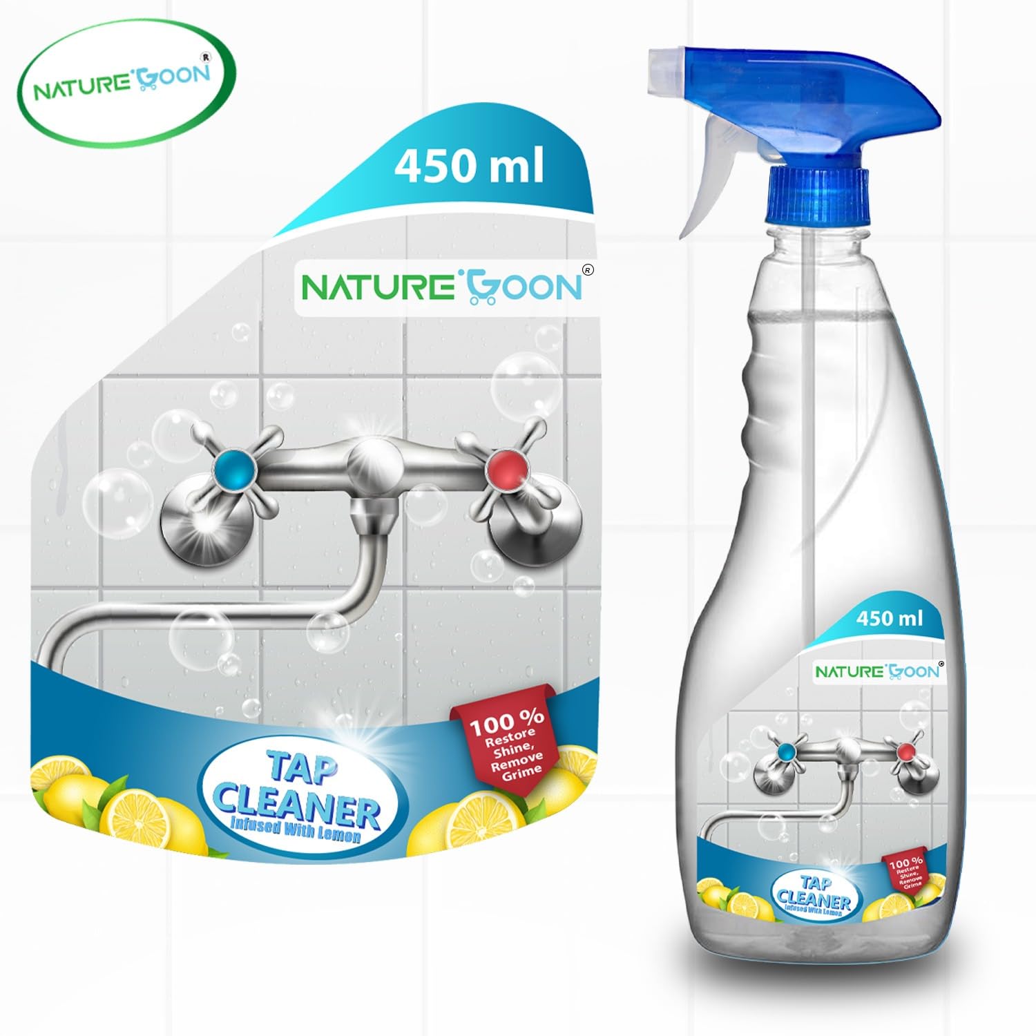 Naturegoon Tap & Shower Cleaner (450 ml) | Infused with lemon | Removes hard water stains & limescale | Eco-Friendly and safe for pets and kids | Deep cleaning for Taps, shower and mixtures. (450 ML) 1