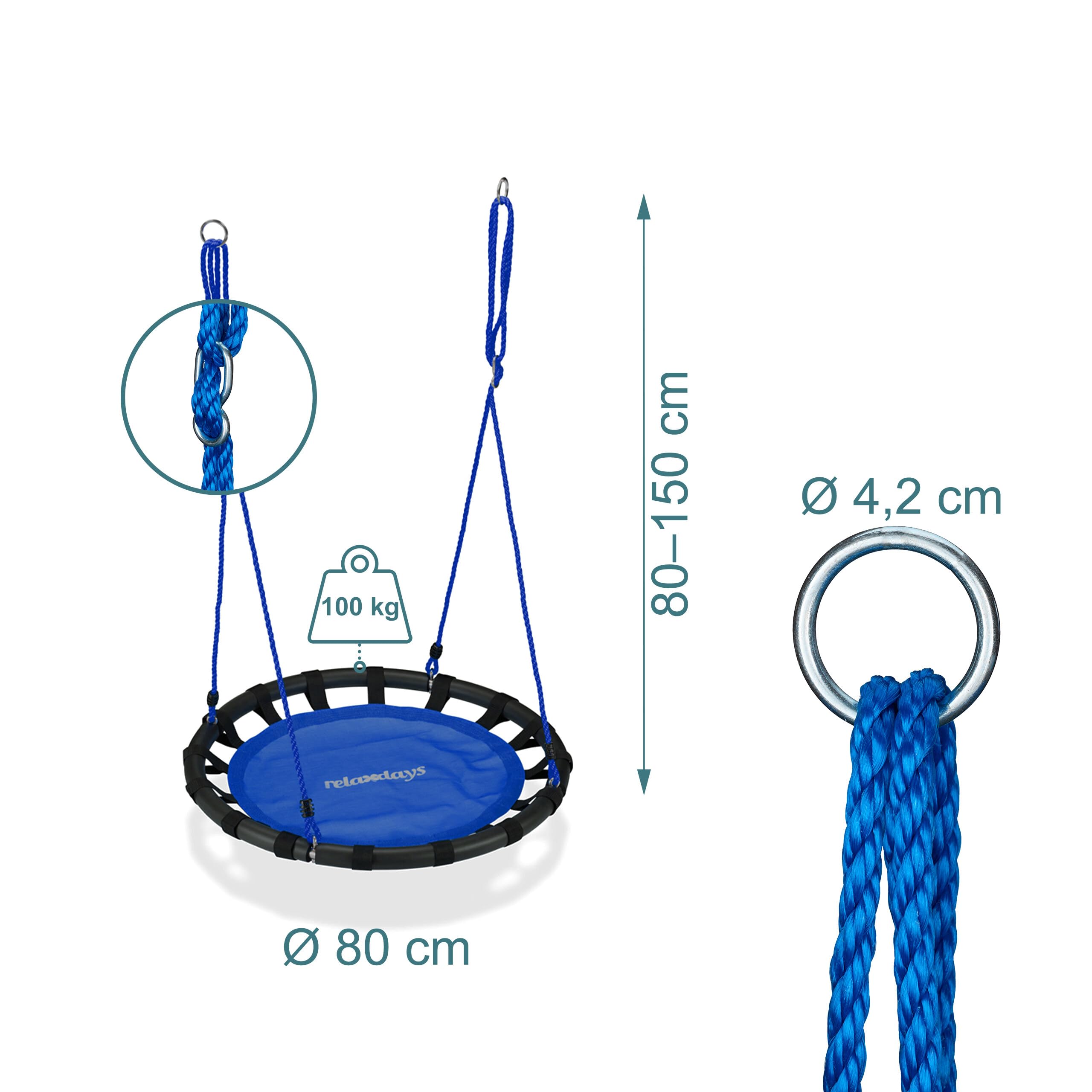 Relaxdays Huśtawka gniazdowa, okrągła huśtawka wisząca, dla dzieci i dorosłych, regulowana, na zewnątrz, Ø: 80 cm, do 100 kg, niebieska