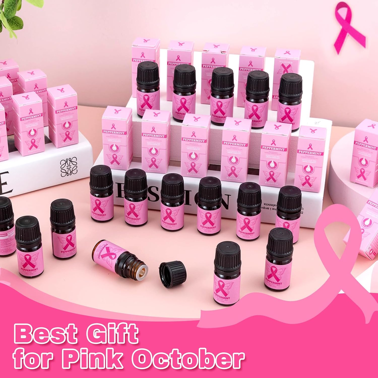 50 PCS Breast Cancer Awareness Peppermint Essential Oil Set for Skin Diffuser Candle Making Pink Ribbon Fragrance Aromatherapy Oils for Pink October Breast Cancer Charity Survivor Gifts (5ml)