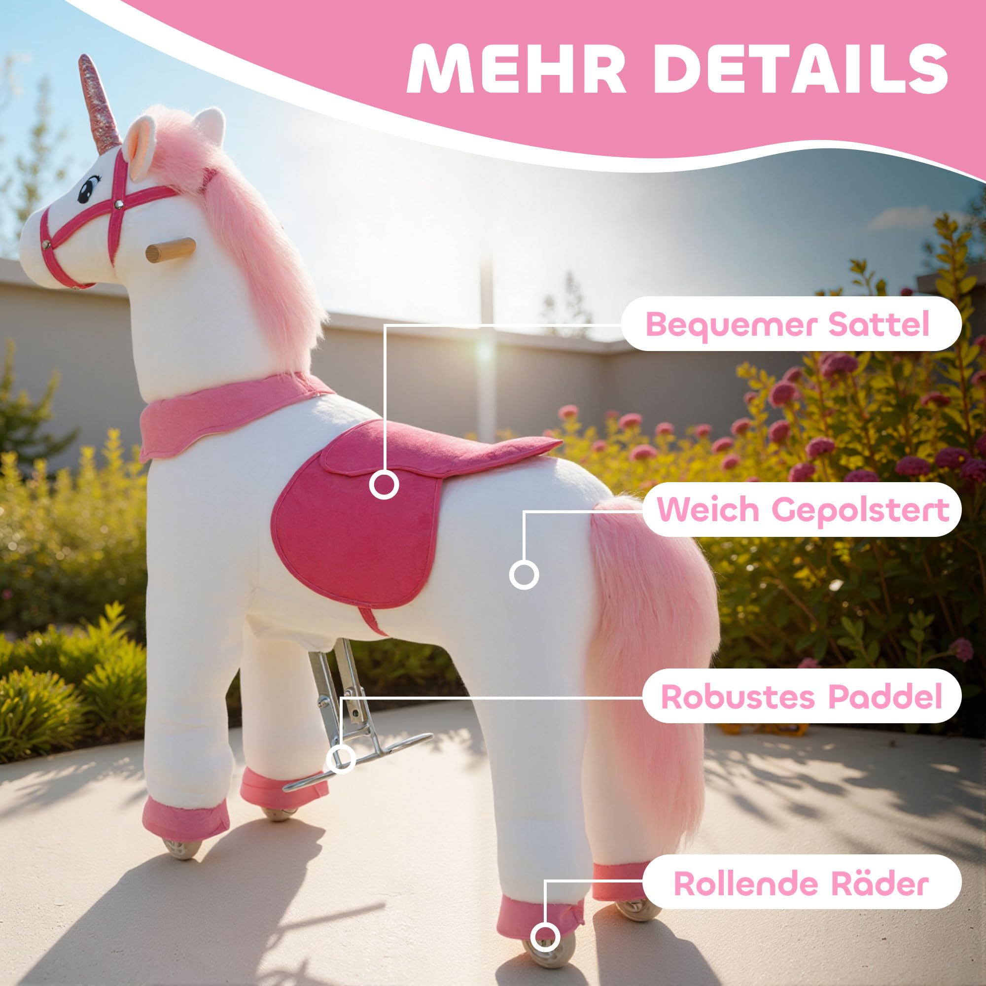 AIYAPLAY Reitpferd auf Rollen Spielpferd zum Reiten Stehpferd mit Einhorn-Design, Plüschpferd für 4-7 Kinder Weiß