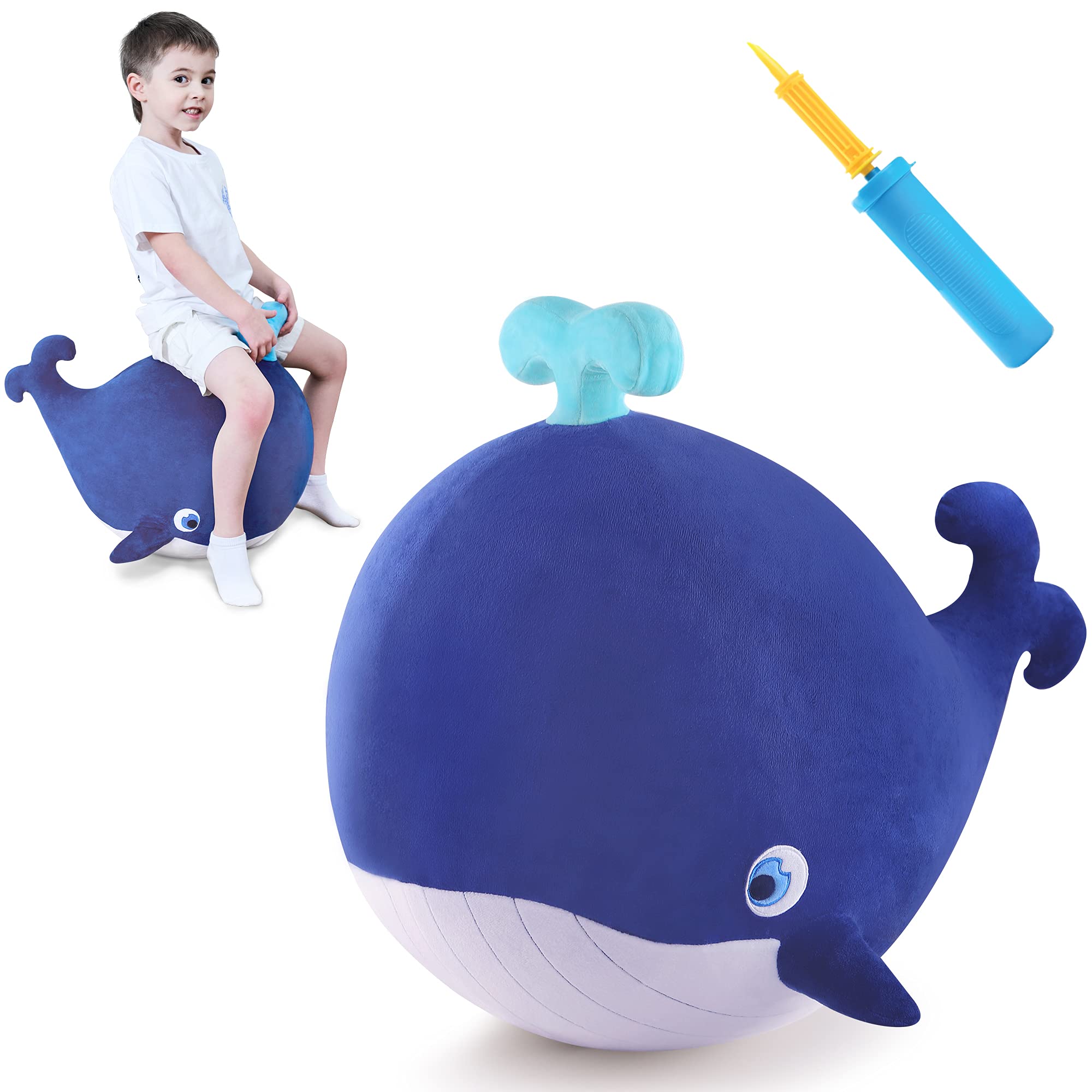 iPlay, iLearn Bouncy Pals Kids Whale Hopper Ball, Ride on Hopping Toy, Inflatable Plush Bouncing Animal W/Pump, Indoor Outdoor Riding Jumping Gift for 18 Month 2 3 4 5 Year Old Toddler Boy Girl Child