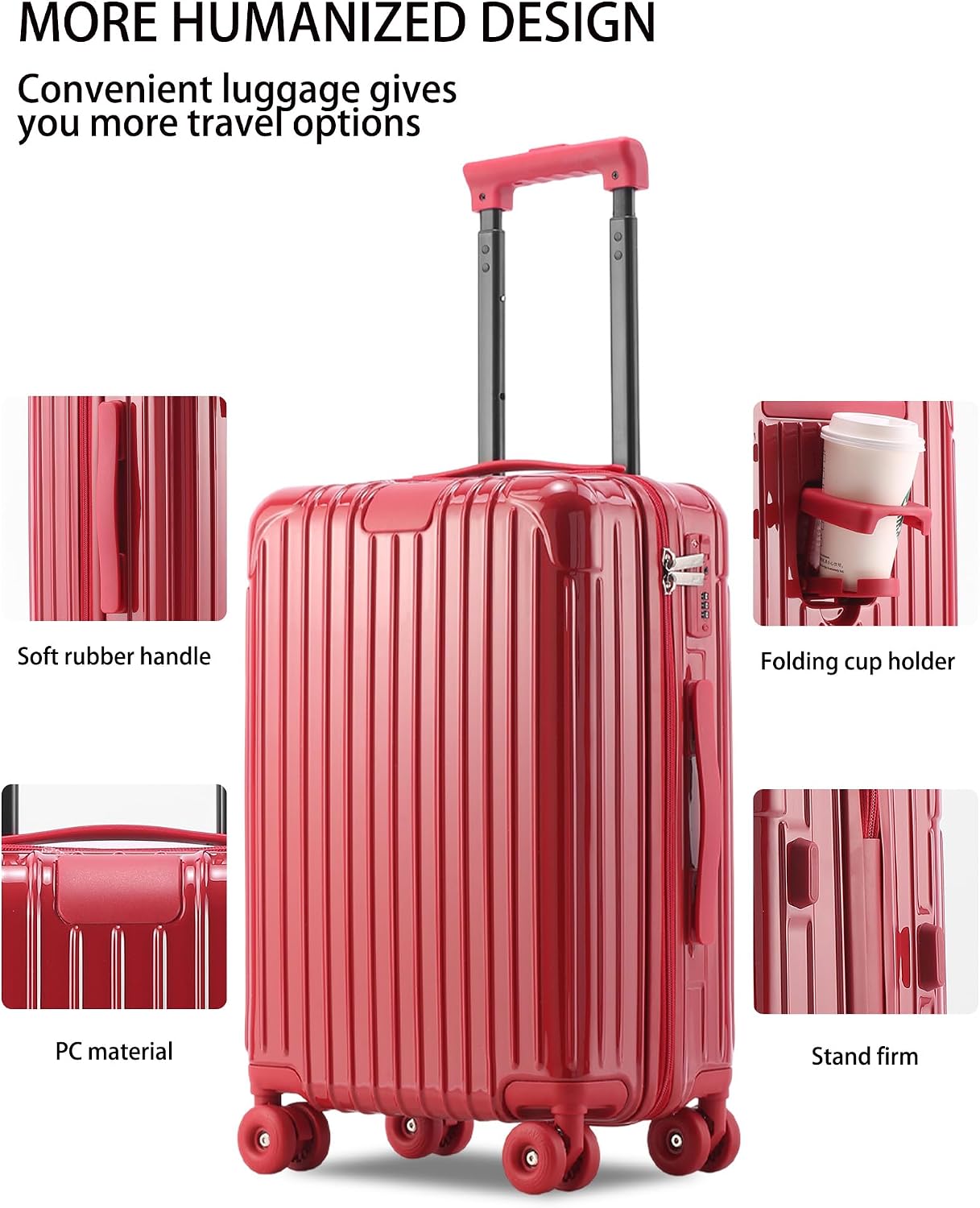 Carry on Luggage 22x14x9 Airline Approved for Women Men, 20 Inch PC Hardshell Carry-on Suitcase with Wheels, TSA Lock & Cup Holder, Aesthetic Lightweight Rolling Luggage for Short Trips, Red