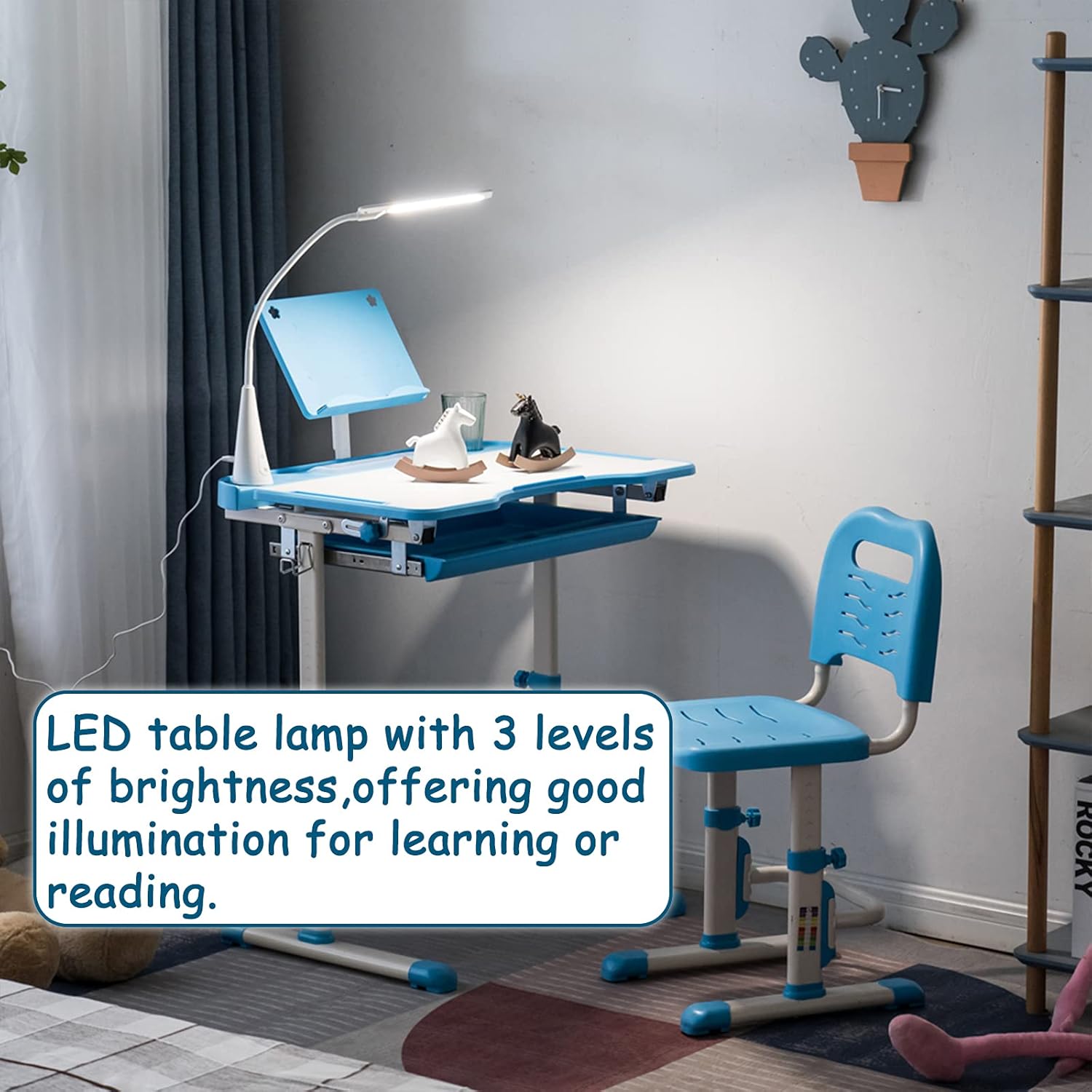 Best Deal 🛒 BELANITAS Kids' Desks,Height Adjustable Kids Desks and Chair Set for Boys and Girls,Kids Writing Chair and Desk w/Lamp,Rotatable Bookshelf,40 Degree Children Desk Set Tiltable Desktop,Blue