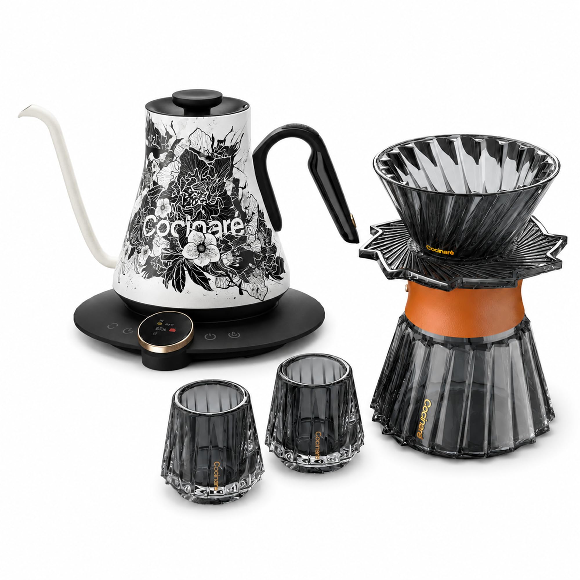 Cocinare Blossom Gooseneck Electric Kettle &amp; Pour Over Coffee Set, ±0.5°F Temperature Control, 1500W 0.9L Kettle, Coffee Dripper, 550 ml / 18.6 oz Server &amp; 2 Tasting Cups
