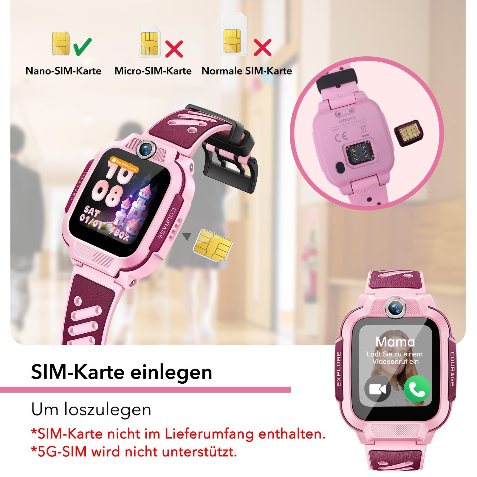 imoo Z3 Kinder Smartwatch mit GPS mit SIM,Videoanruf Kinderuhr Mädchen Rosa | Kids Smartwatch,IP68 Schwimmen Wasserdicht,256M+8G,Familie Freunde Chat,1.5",SOS,Fremdanruf-Sperre,Kamera,1-2 Tage Nutzung