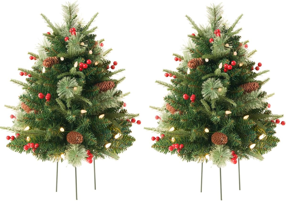 2 Pack 24 Inch Pre-Lit Christmas Trees Outdoor, Artificial 70 LED Lights, Red Berries, Pine Cones, Battery Operated, Entrances Decor