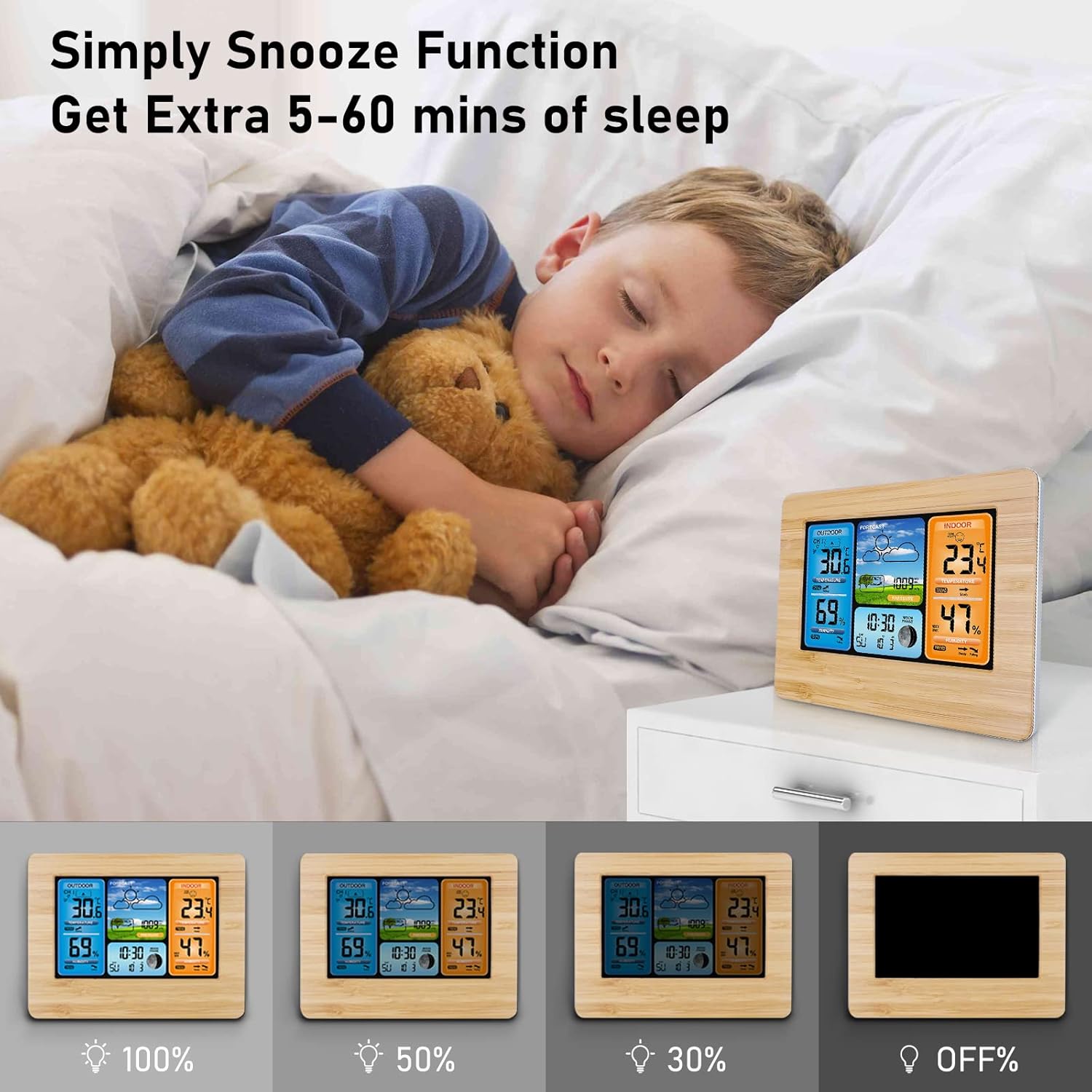 Image showing a child sleeping with the weather station on a nightstand, illustrating the snooze function and backlight levels