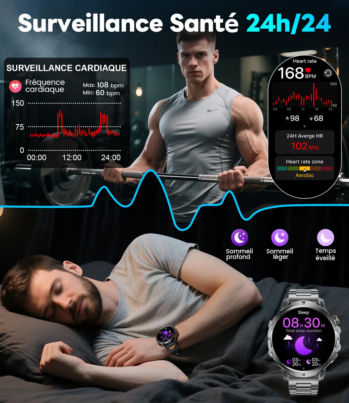 Montre Connectée Homme avec 1000mAh,1.85" Smartwatch avec Appel Bluetooth,100+ Modes Sportifs/LED Lampe,IP68 Étanche, Fréquence Cardiaque Moniteur de Sommeil pour iOS Android 2 Bracelet Noir et orange