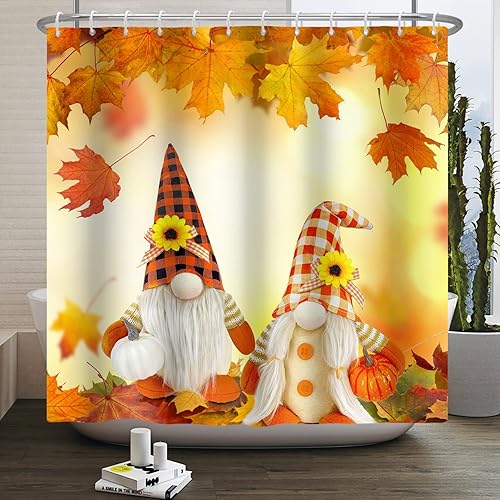Vista 23 de Yeele Cortinas de ducha de otoño de Acción de Gracias, bonita cortina de ducha de gnomo y calabaza para baño, borde de rejilla blanca y negra