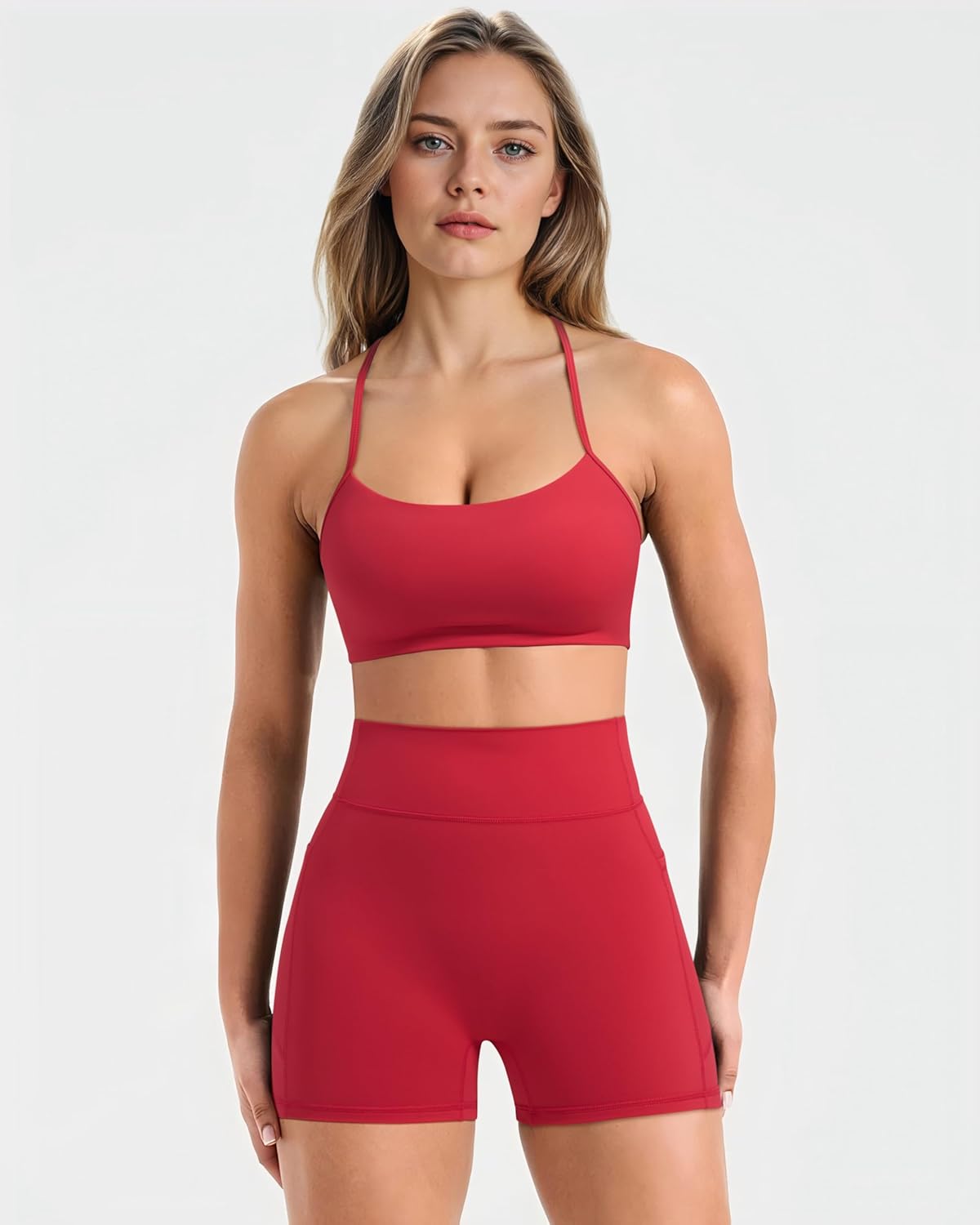 SUUKSESS Women 2 Piece Workout Sets Padded Halter Sports Bras High Waisted Biker Shorts with Pockets - Image 3