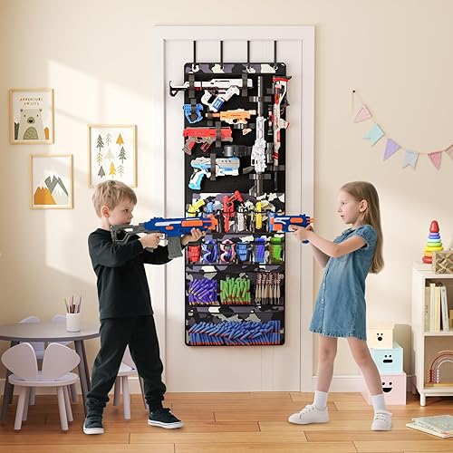 Miniatura 2 de Organizador sobre la puerta para pistolas de juguete, organizador de almacenamiento de pistolas de juguete colgantes con bolsillos y ranuras para