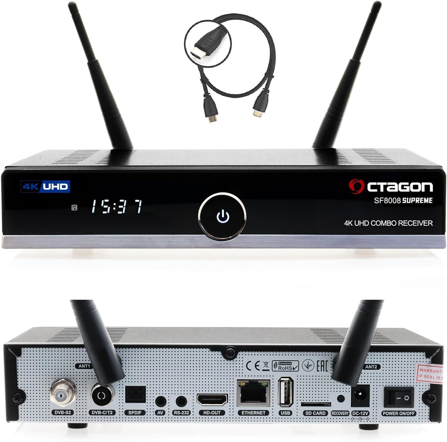 Octagon SF8008 UHD 4K Supreme Combo, Sat- Kabel- & DVB-T2 Receiver, E2 Linux & Define OS, mit PVR Aufnahmefunktion, M.2 M Key, Gigabit LAN, Kartenleser, Sat to IP, WiFi WLAN + HM-SAT HDMI Kabel
