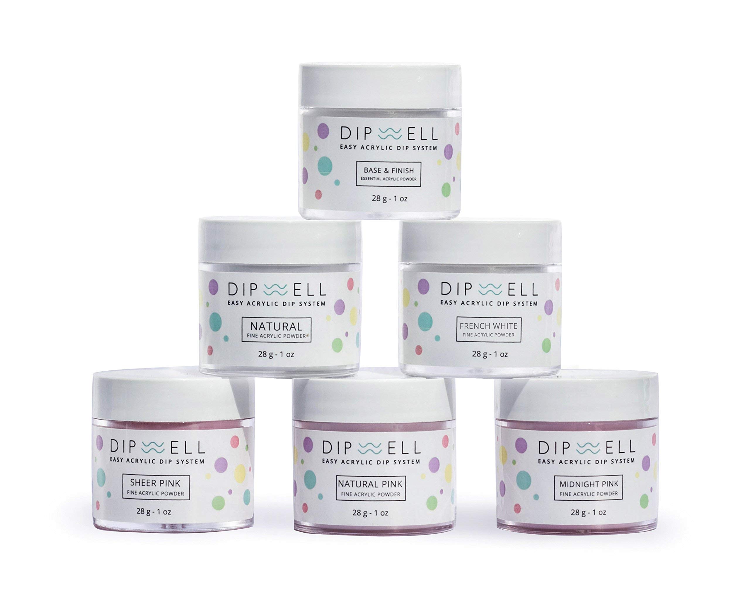 DipWell Nails Dip Powder Nail Kit - Starter Set with French White, Natural, Midnight Pink, Sheer Pink, Clear Finish