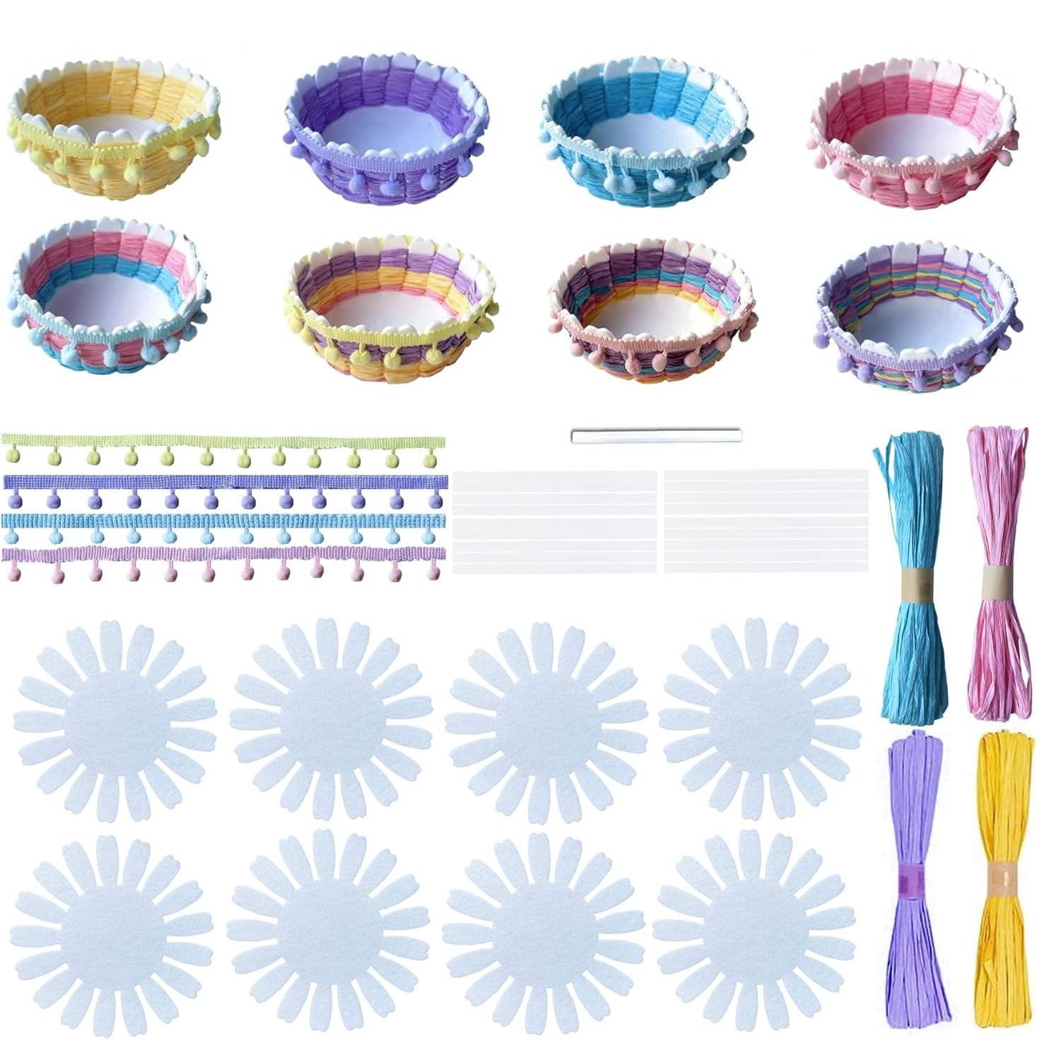 AOUXSEEM - 8 juegos de bonitos kits de bricolaje para tejer cestas para principiantes, cintas de rafia de colores, cuencos de cestas de almacenamiento tejidas con pompones y borlas para huevos