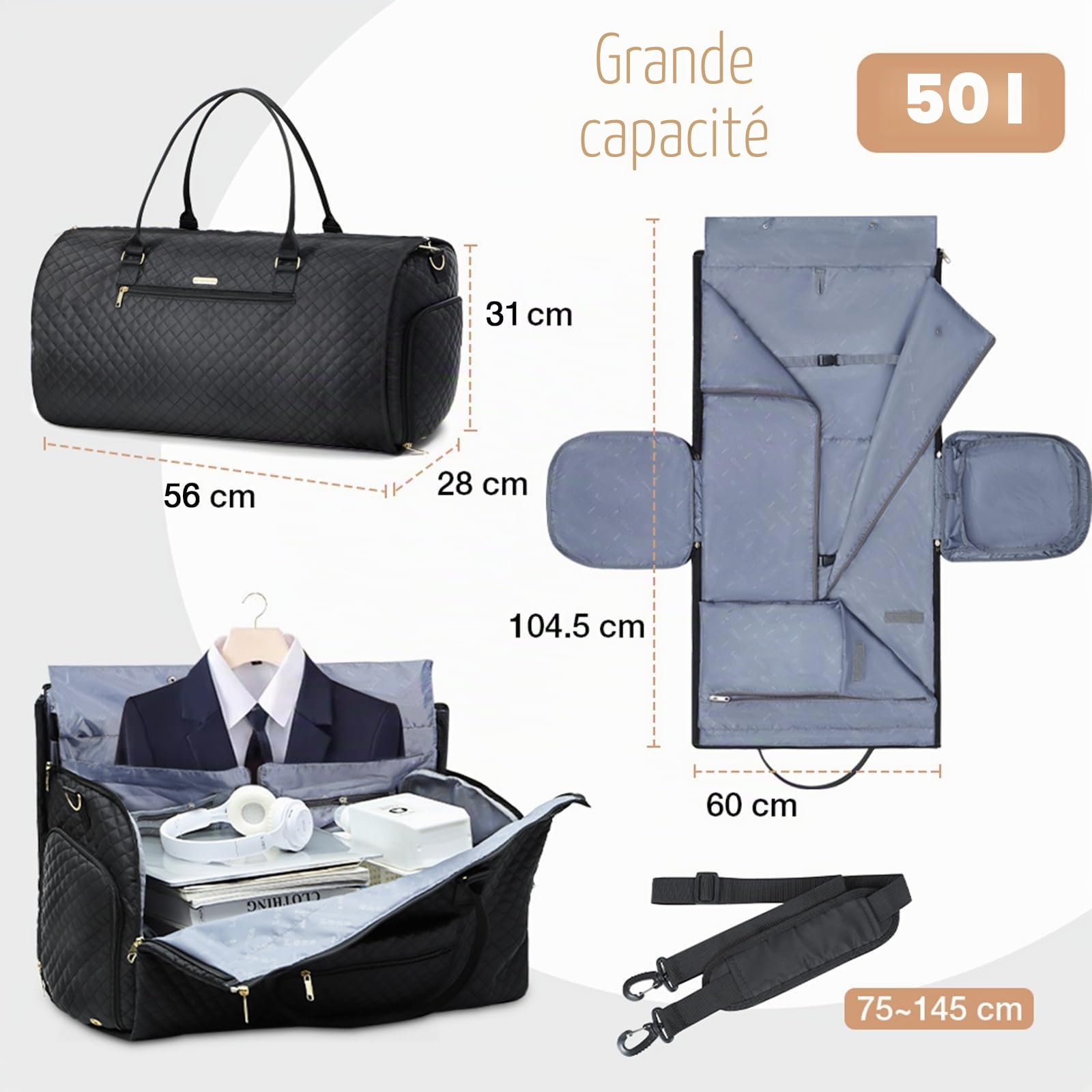 Lekeinchi Sac à Vêtements 2 en 1 pour Femme avec 6 Cubes de Rangement et Compartiment à Chaussures - Sac de Sport pour Avion - Grand Sac de Voyage Pliable pour Week-End, Voyage, Gym - Noir
