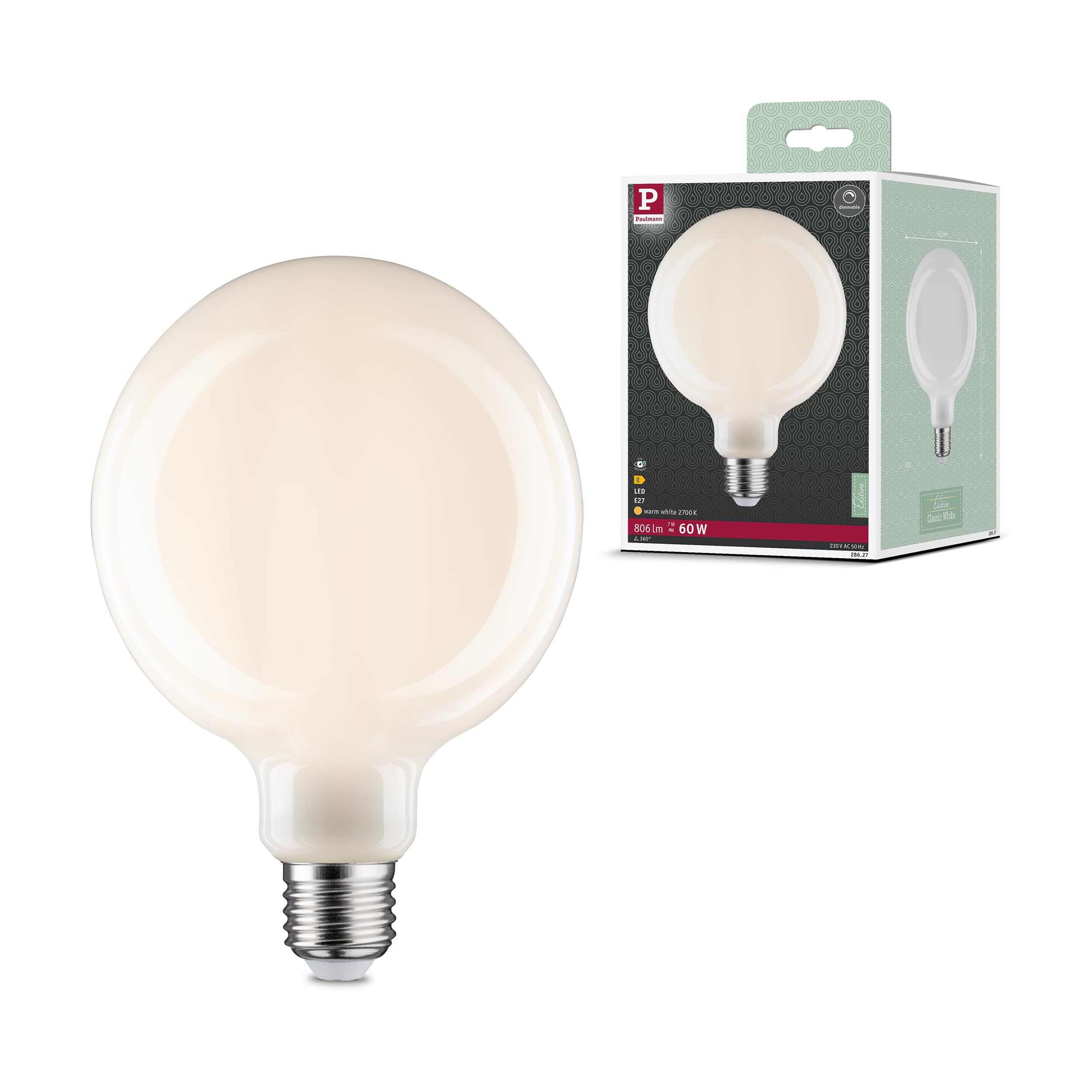 Paulmann 28627 LED Filament lamp G125 7 watts Classic lamp dimmable Opal 2700 K Warm White E27