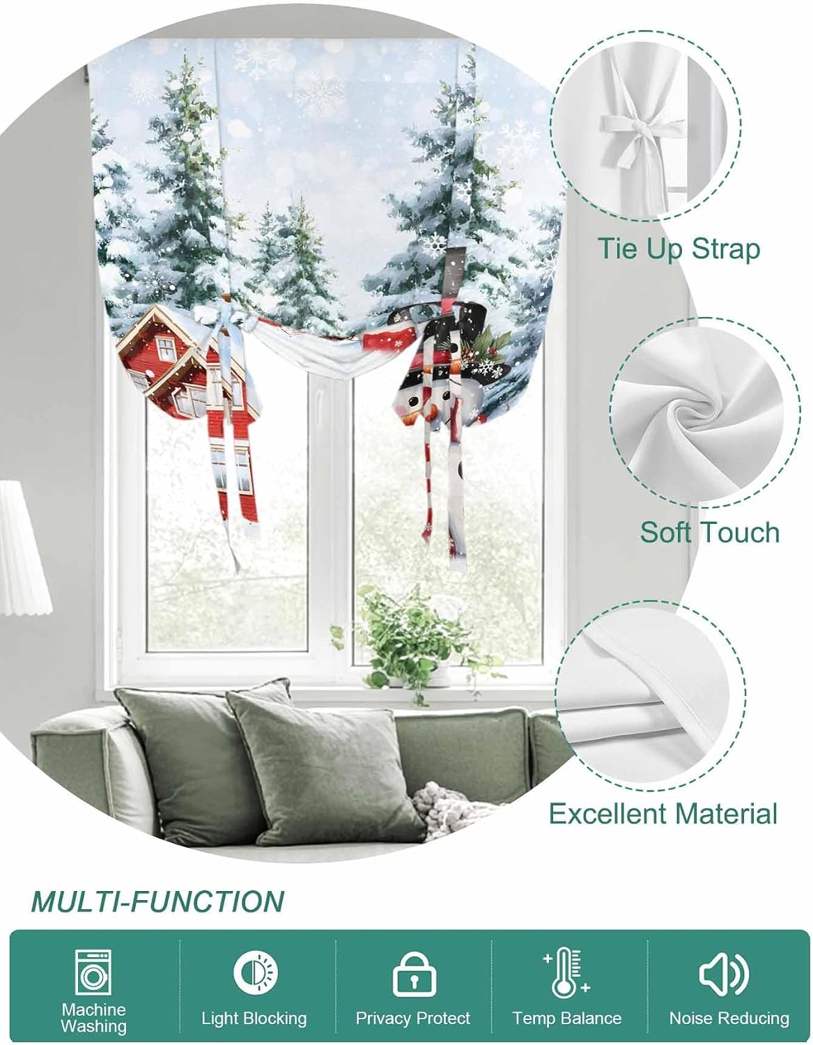 Farmhouse Snowman Tie Up Curtains for Kitchen Bathroom Bedroom Windows 54 Inch Length, Balloon Drape Curtains Shade Rod Pocket Drapery Curtain Christmas Cabin Pine Tree 1 Panel, 42"x63"