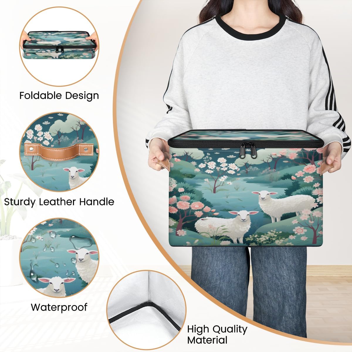 Storage Bin Set of 2 Cute Sheep Flower Storage Basket with Zipper Lid & Handle Foldable Closet Shelf 2 Pack Cloth Organizer Basket Cube Bins Clothes Organizer for Bedroom, Nursery