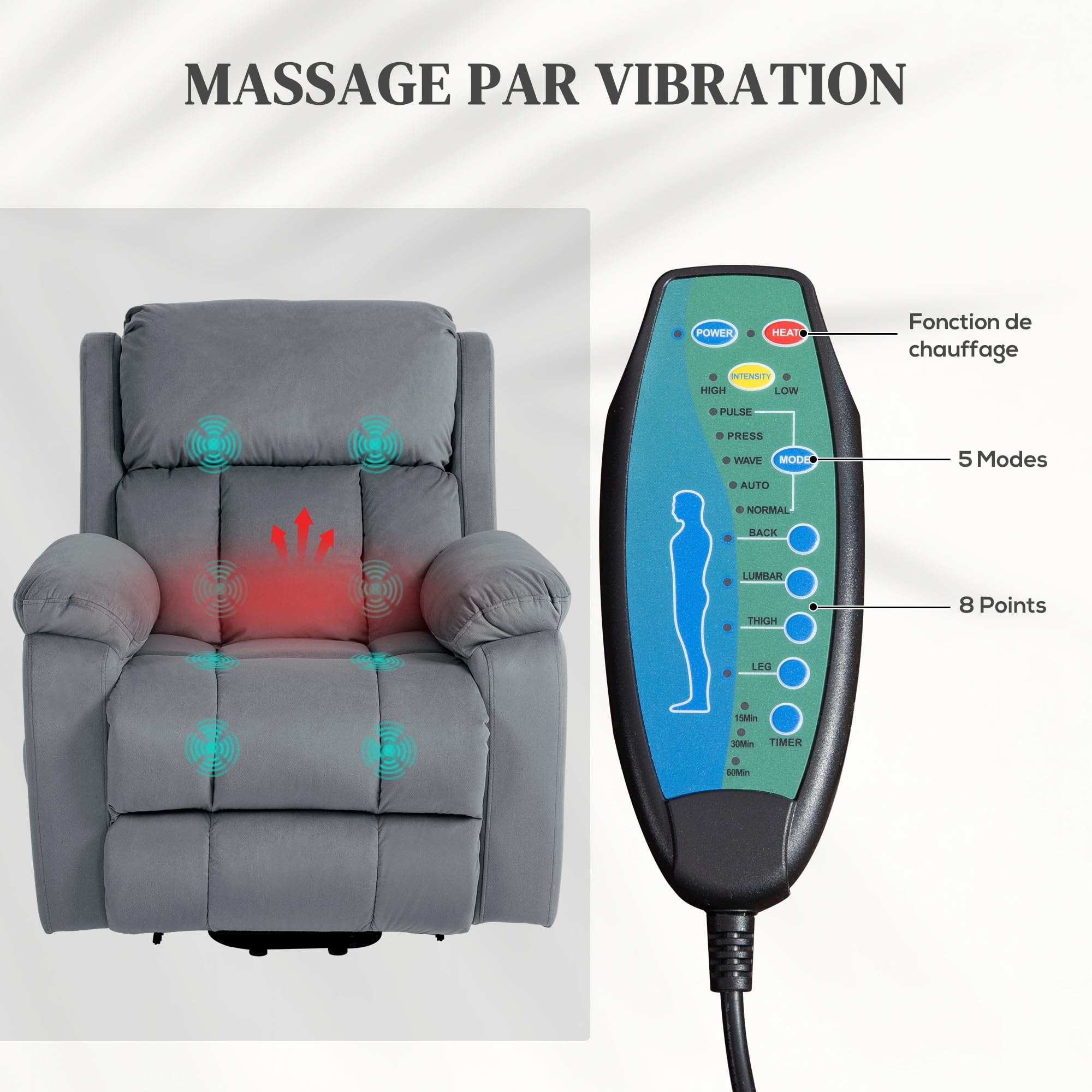 HOMCOM Fauteuil Relax électrique, Fauteuil électrique releveur, Massage et Chaleur, Inclinaison réglable, Assise Large, revêtement synthétique, Fauteuil Relaxant avec Repose-Pied, télécommandes, Gris