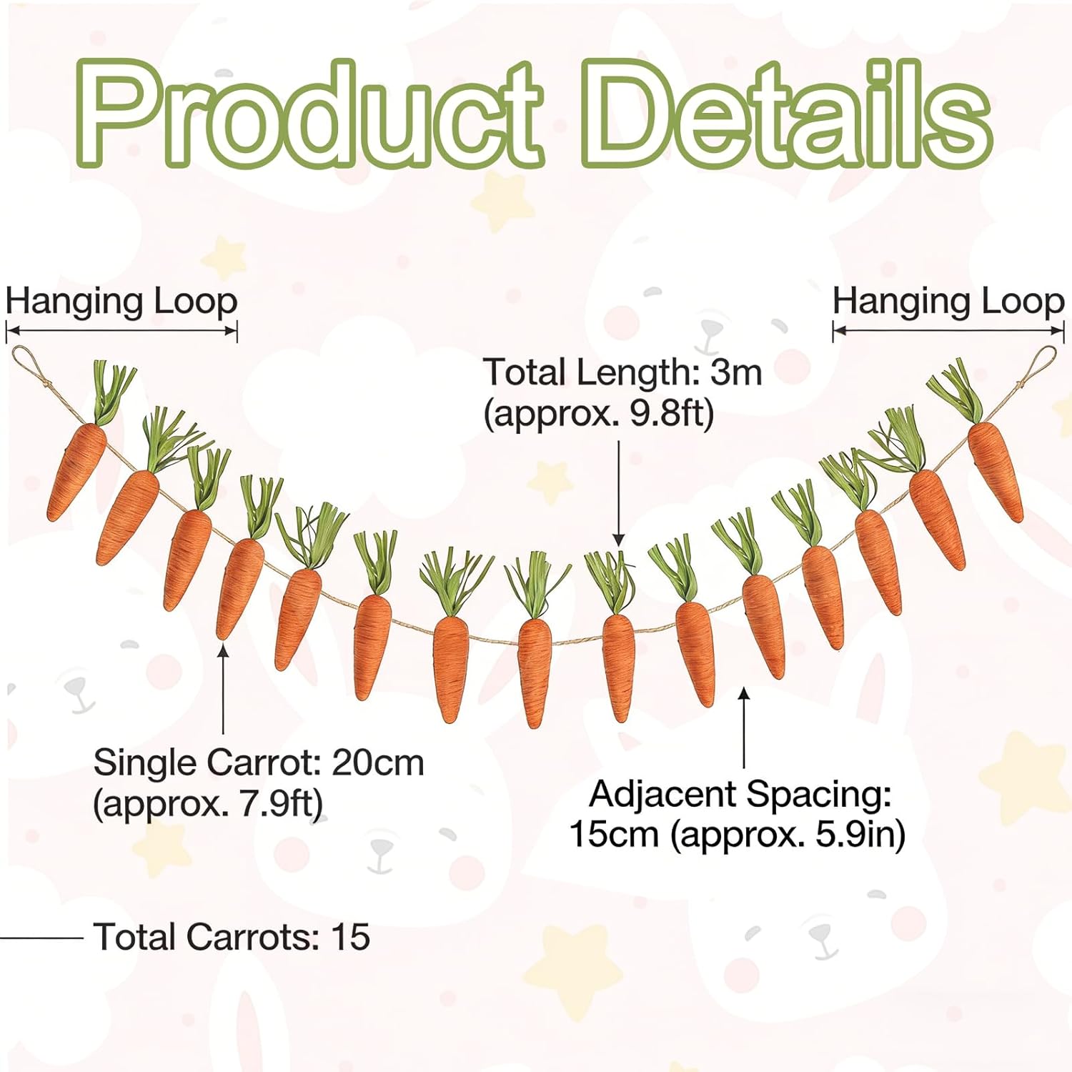 10FT Easter Carrot Garland Decor - 15 Pcs Artificial Fabric Carrot Ornaments for Easter Mantle Arch Table Tree Farmhouse Spring Party Decorations and Gift (02) - Image 3
