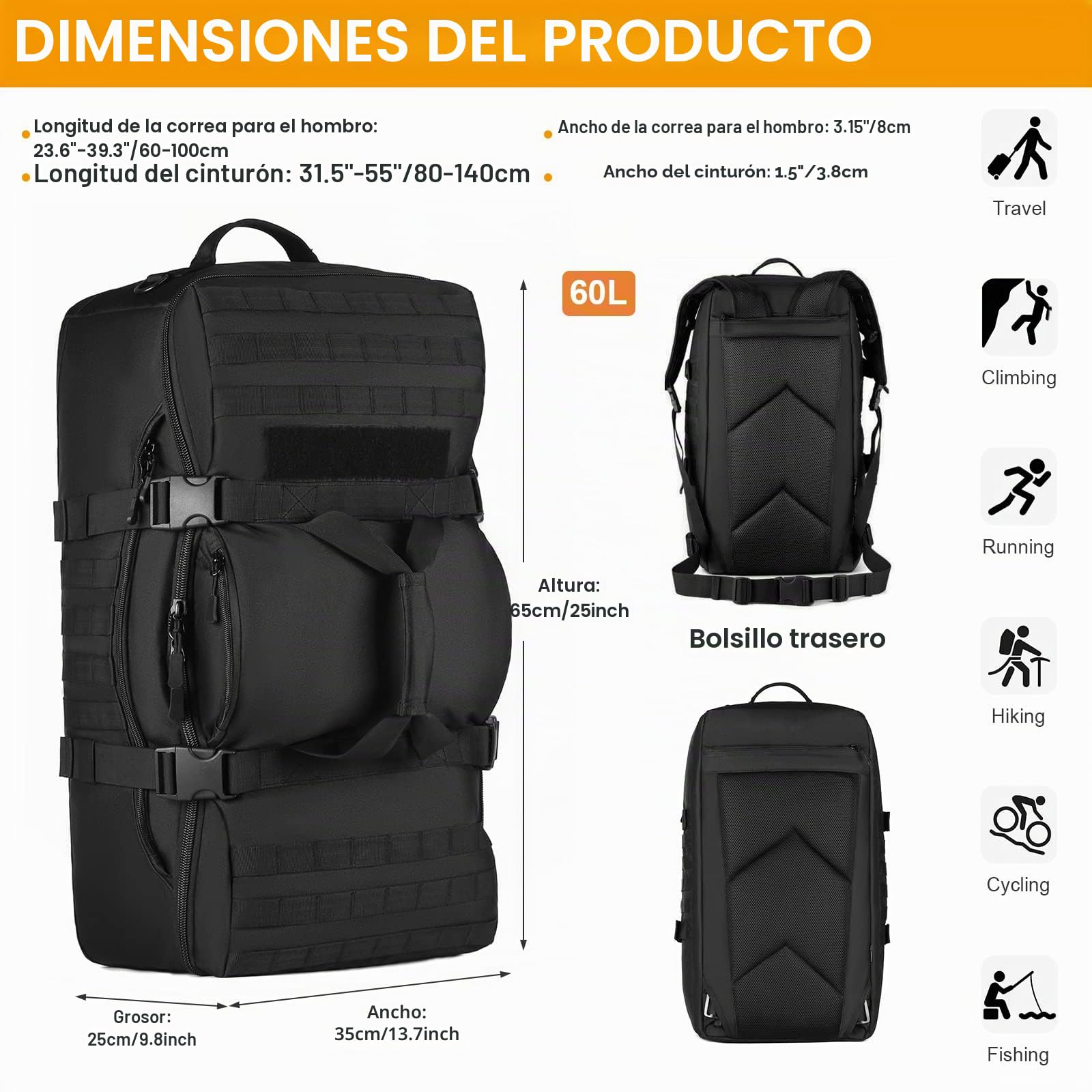 HUNTVP Mochila de Asalto Mochila de Bandolera Bolsa de Riñonera 3 vías para Llevar Estilo Militar Táctical Gran Mochila Impermeable 60L para Las Actividades Aire Libre Senderismo Caza Viajar