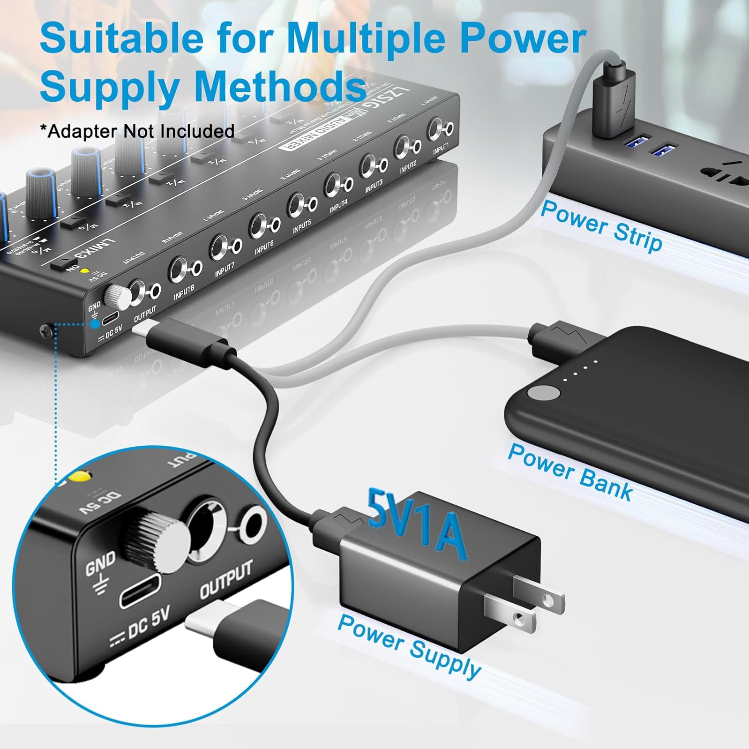 LZSIG Audio Mixer, Stereo Line Mixer for Sub-Mixing, Ultra Low-Noise, 8-Channel, 1/4" & 1/8" TRS Output and Input, for Drums, Guitars, Bass, Keyboards