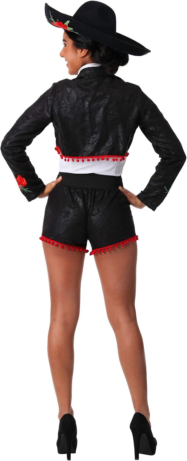Flirty Mariachi Womens Costume, Adult Mariachi Attire With Rose Embroidered Jacket, Shorts, Tie, And Sombrero