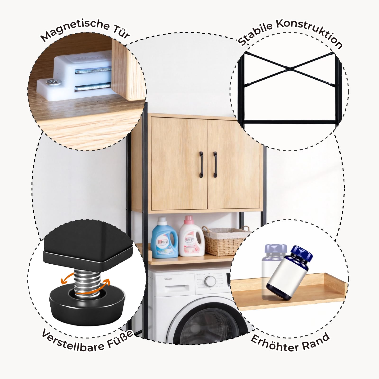 LEADZM Waschmaschinenschrank, Waschmaschinenregal Regal über Waschmaschine | Toilettenregal mit Schrank, Badregal, 64,5 x 30 x 171 cm