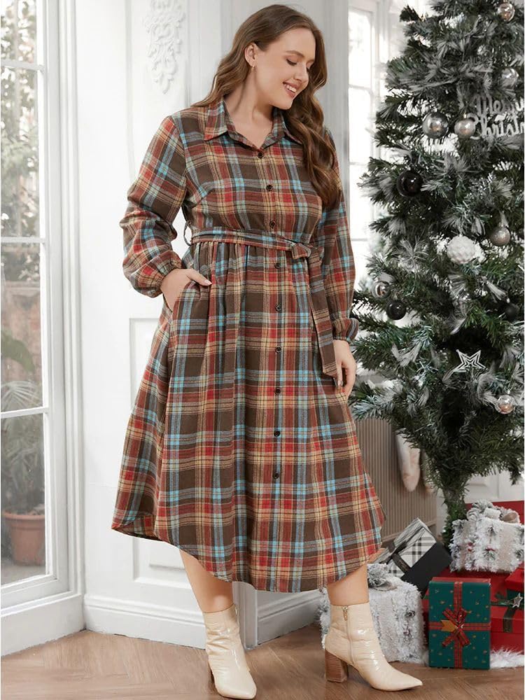 utcoco Women's Plus Size Fall Belted Plaid Shirt Dress Long Sleeve Button Down Midi Dress with Pocket - Image 4