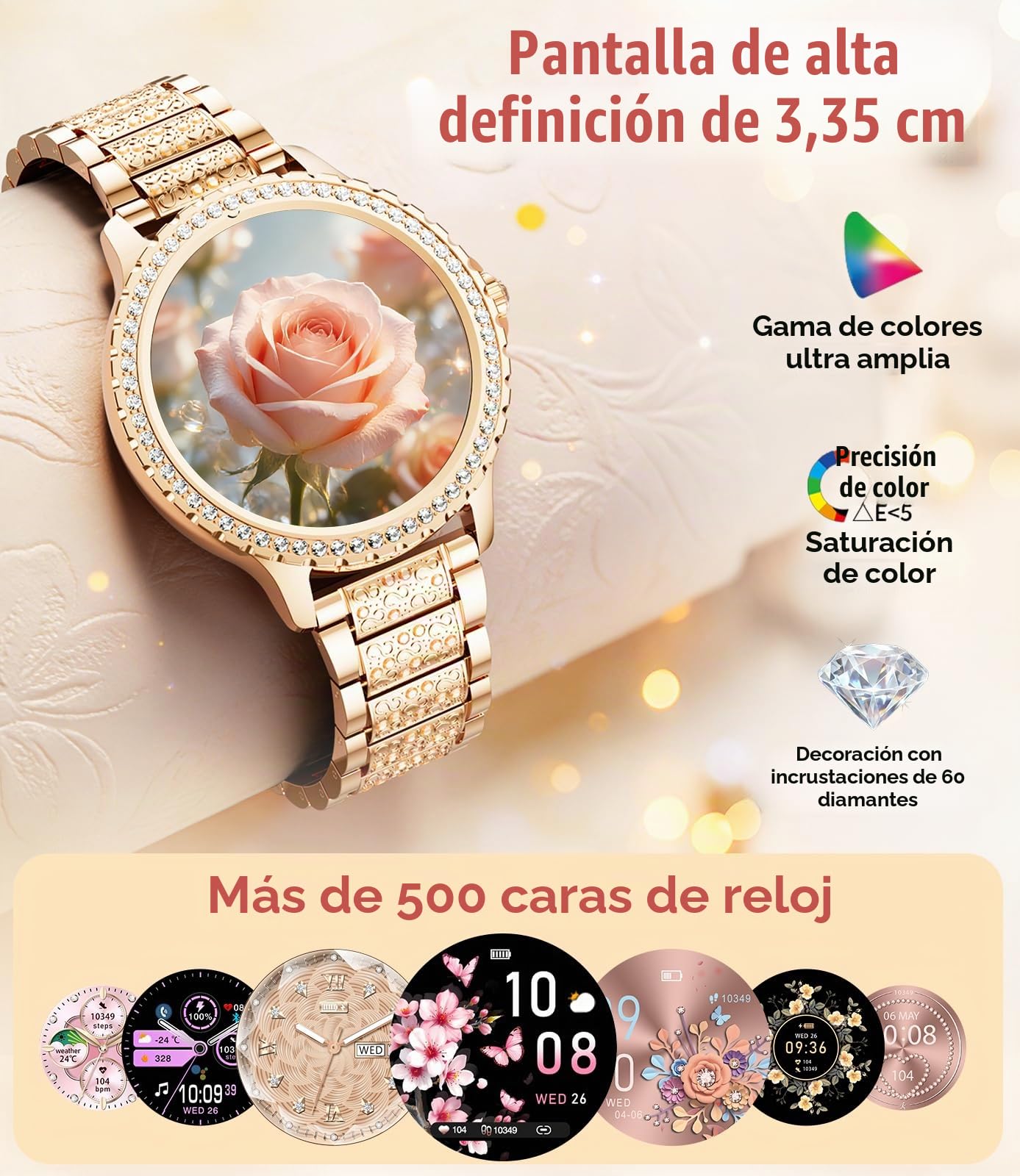 Reloj Inteligente Mujer con Diamantes, 1,32" Smartwatch Mujer con Llamadas Bluetooth, Monitor de Frecuencia Cardíaca/Sueño, 500 + Esferas, IP68, 110+ Modos Deportivos para Android e iOS, Oro Rosa