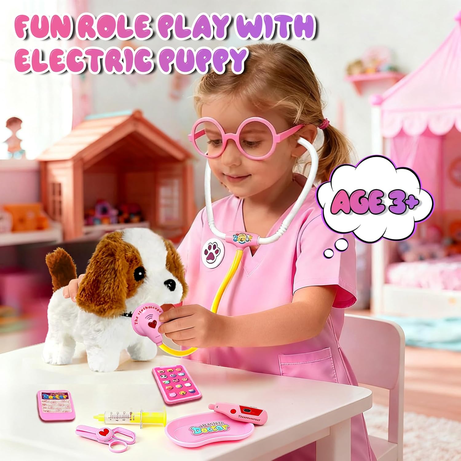 UBeesize Doctor Kit for Toddlers 3-5 with Interactive Plush Dog, Kids Vet Playset with Medical Tools and Costume, Toddler Doctor Play Set Toy, Gift for Girls Ages 3-5, Pink