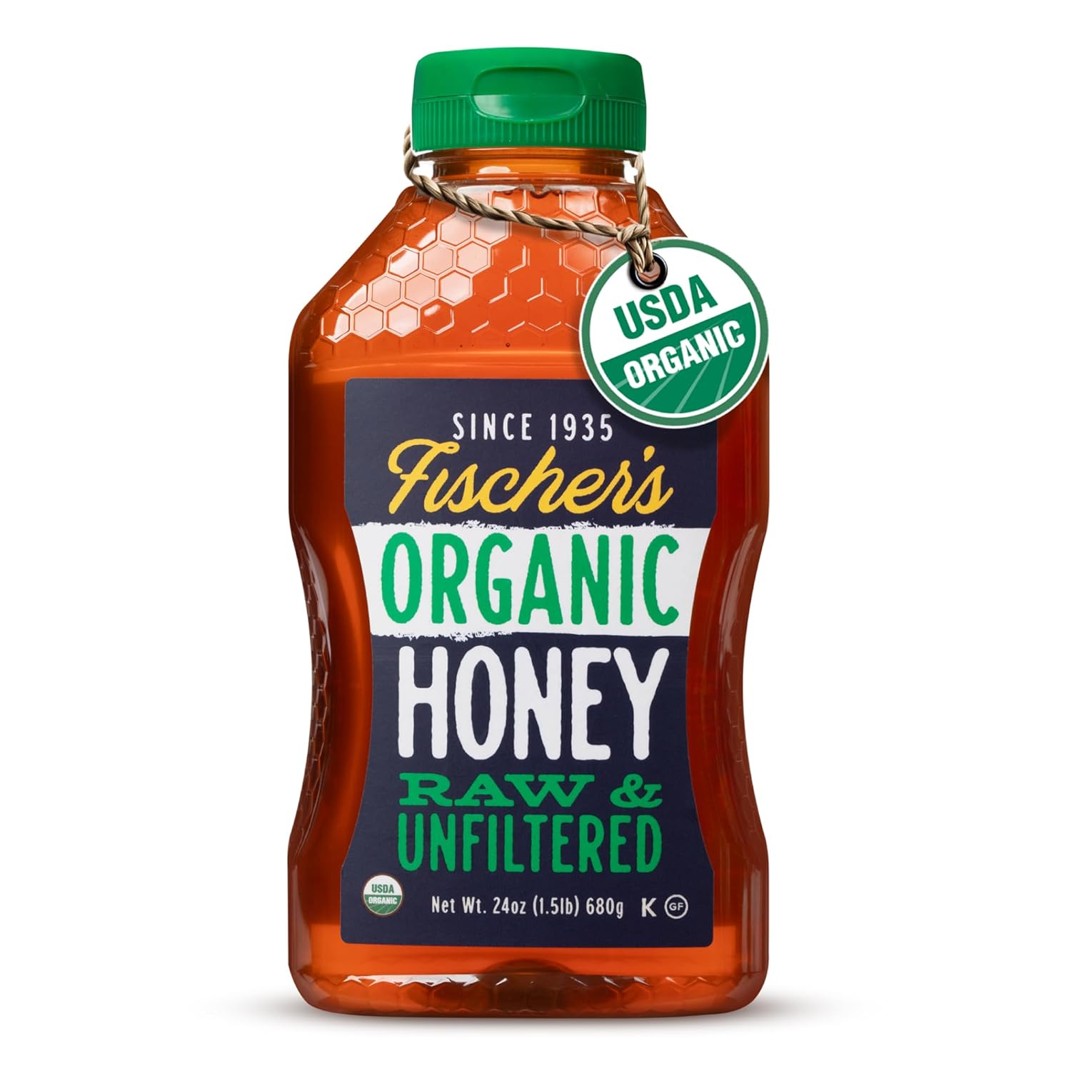 Fischer's 100% Organic Honey, USDA Certified, 24 Oz – Pure, Raw &amp; Unfiltered Honey – All-Natural Sweetener – Rich Flavor Profile, Packed with Nutrients USDA Organic