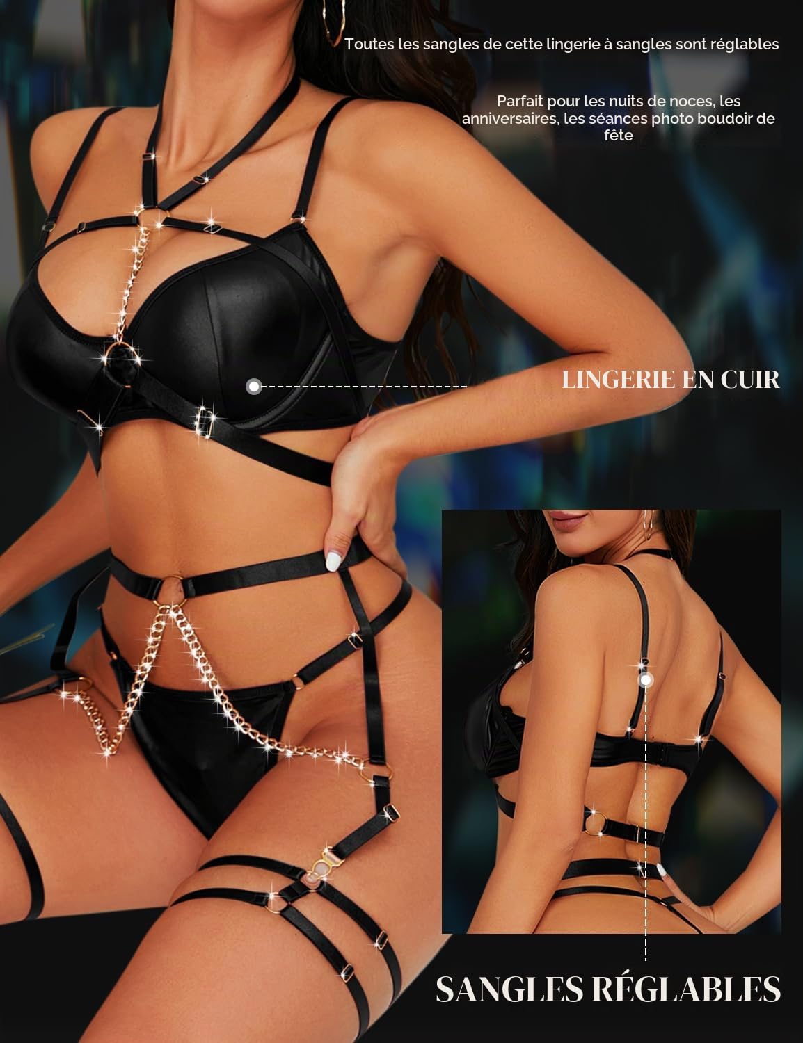 Ensemble de Lingerie Femmes Sexy à Bretelles sous Vêtements 7 Pièces | avec Porte-Jarretelles, Bretelles Réglables, Soutien-gorge à Armatures, Culotte, Sangle de Cuisse, Collants, Bas