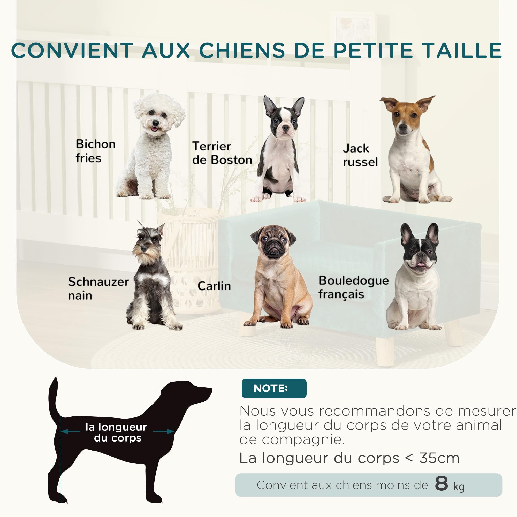PawHut Canapé Chien lit pour Chien Design scandinave Coussin Moelleux Pieds Bois Massif dim. 64 x 45 x 36 cm Velours Bleu Canard
