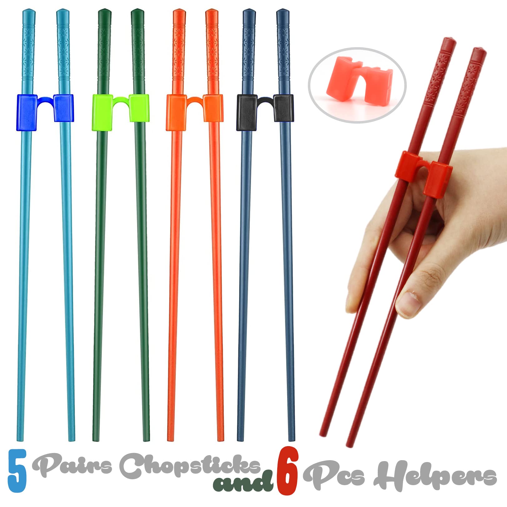 Chopsticks and Chop Stick Helpers 5 Pairs Set, Plastic Hinges Connector Training for Kids, Adults, Beginner, Trainers or Learner, Non-Slip Reusable and Replaceable, Dishwasher Safe(Cherry Blossom)