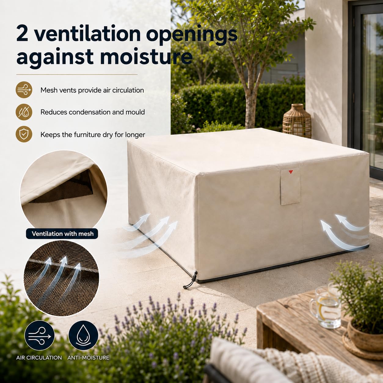 HOME It Garden Pokrowiec na meble ogrodowe 210×155×95 cm - Oxford 600D powlekany PVC, wodoodporny, ochrona UV, 2 otwory wentylacyjne, zamek błyskawiczny i ściągacz, piaskowy