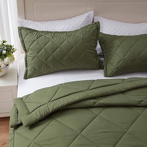 Miniatura 2 de SunStyle Home - Juego de edredón tamaño individual, ligero, verde, patrón de diamantes, 2 piezas (1 edredón, 1 fundas de almohada)