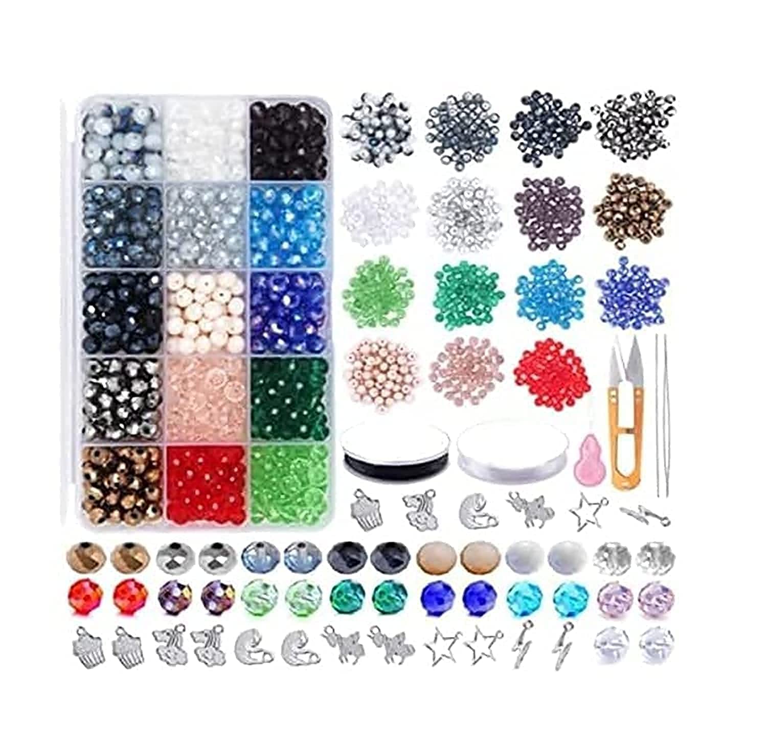 1062 Pcs Glass Diamond Shape Crystal Beads Kit - Spacer Beads for Jewelry Making, Bracelet, Necklace, Earrings with Jewelry String and Accessories (Faceted Beads)