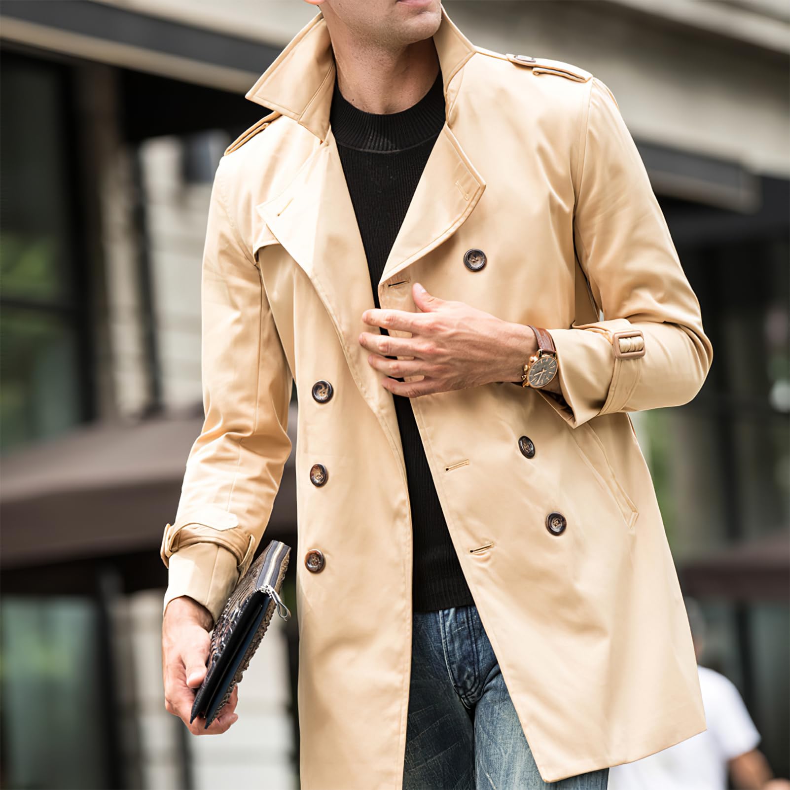 amropi Herren Trenchcoat Zweireihiger Revers Winddicht Mantel Windjacke mit Gürtel
