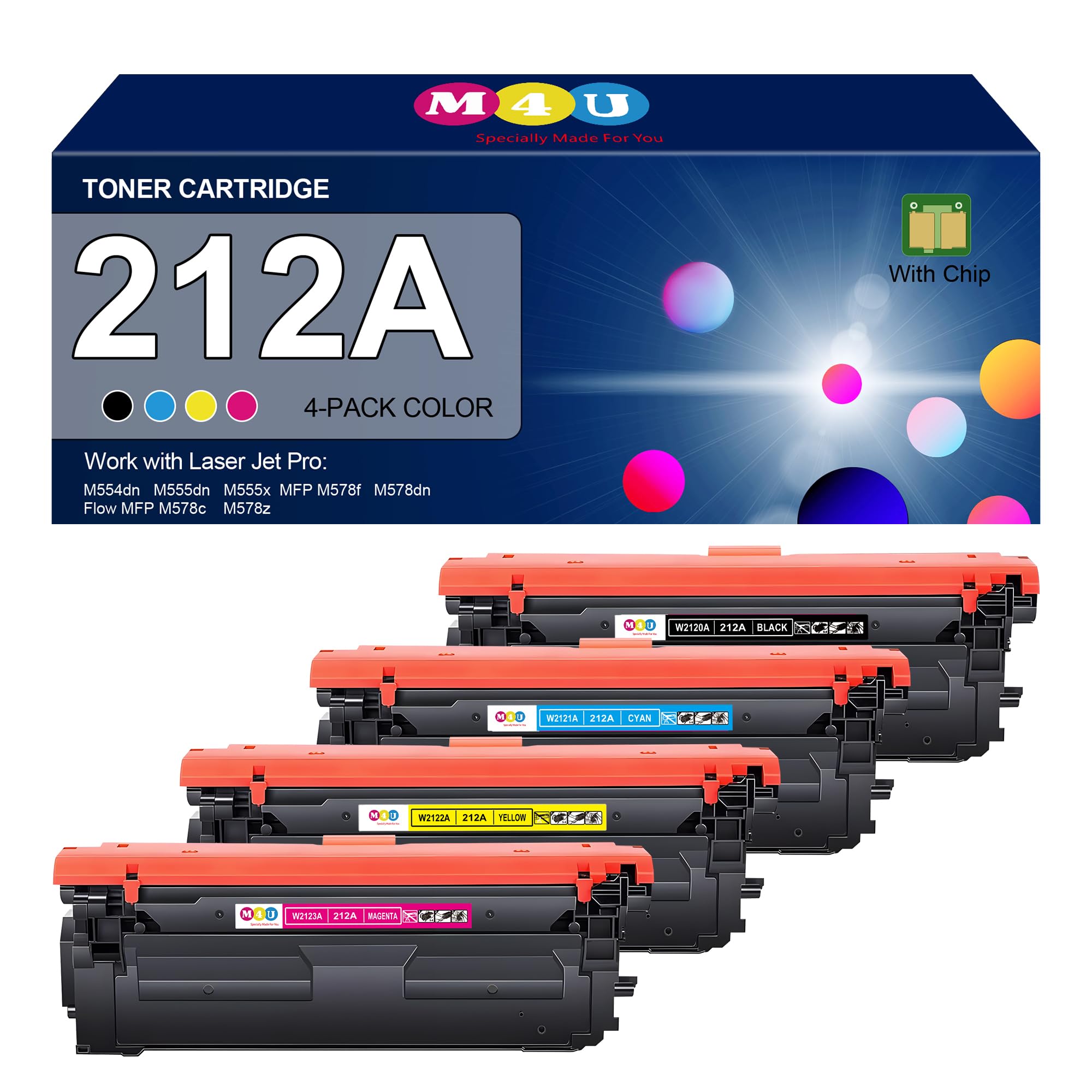 212A Toner Cartridges 4 Pack (with Upgraded Chip) Remanufactured Replacement for 212A 212X for Color Enterprise M554 M555 Color Enterprise MFP M578 Series Printer (Black Cyan Yellow Magenta)