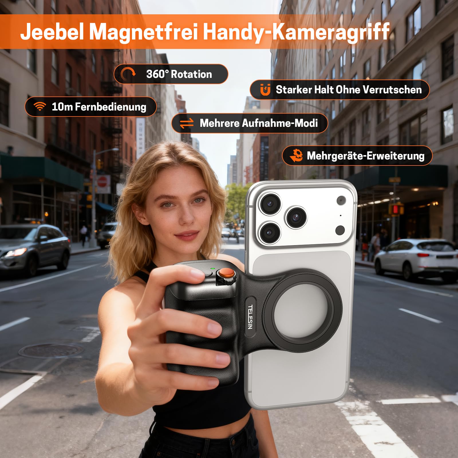 Jeebel Smartphone Handle Grip, Magnetische Handgriff mit Abnehmbarer Bluetooth-Fernbedienung & 1/4"-Gewinde für Selfies VLOG Videoaufnahme, Universelle iPhone Android Telefone Handhalterung