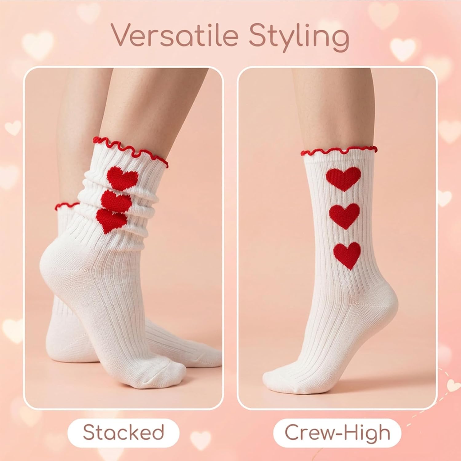 4 Pairs White Heart Ruffle Socks for Women,Cotton Cute Slouchy Socks | Breathable,Size 6-10, Retro Aesthetic Frilly Socks, Crew Socks
