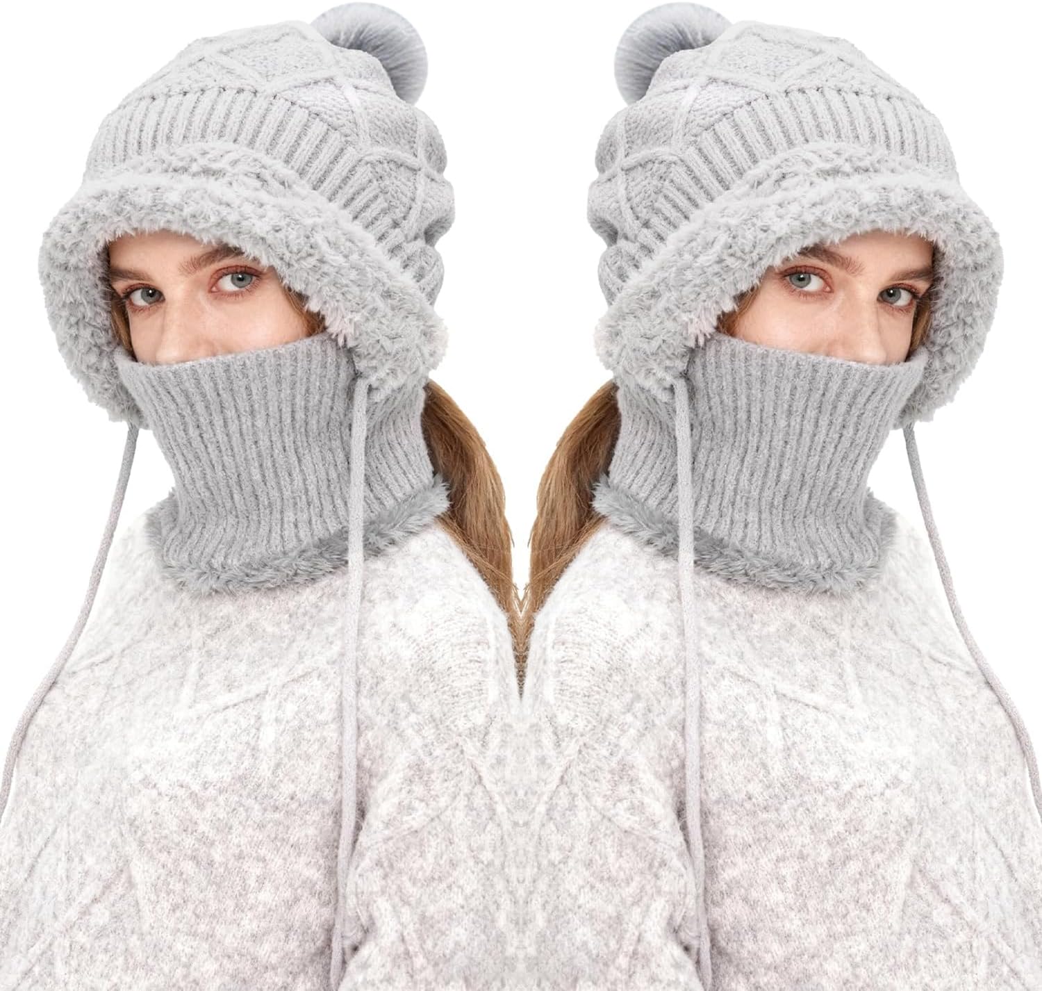 Women's Outdoors Windproof Scarf Gray Hat, 3 in 1 Winter Balaclava for Women, Warm Knitted Face Mask Hat Cap Scarf with Pom-poms