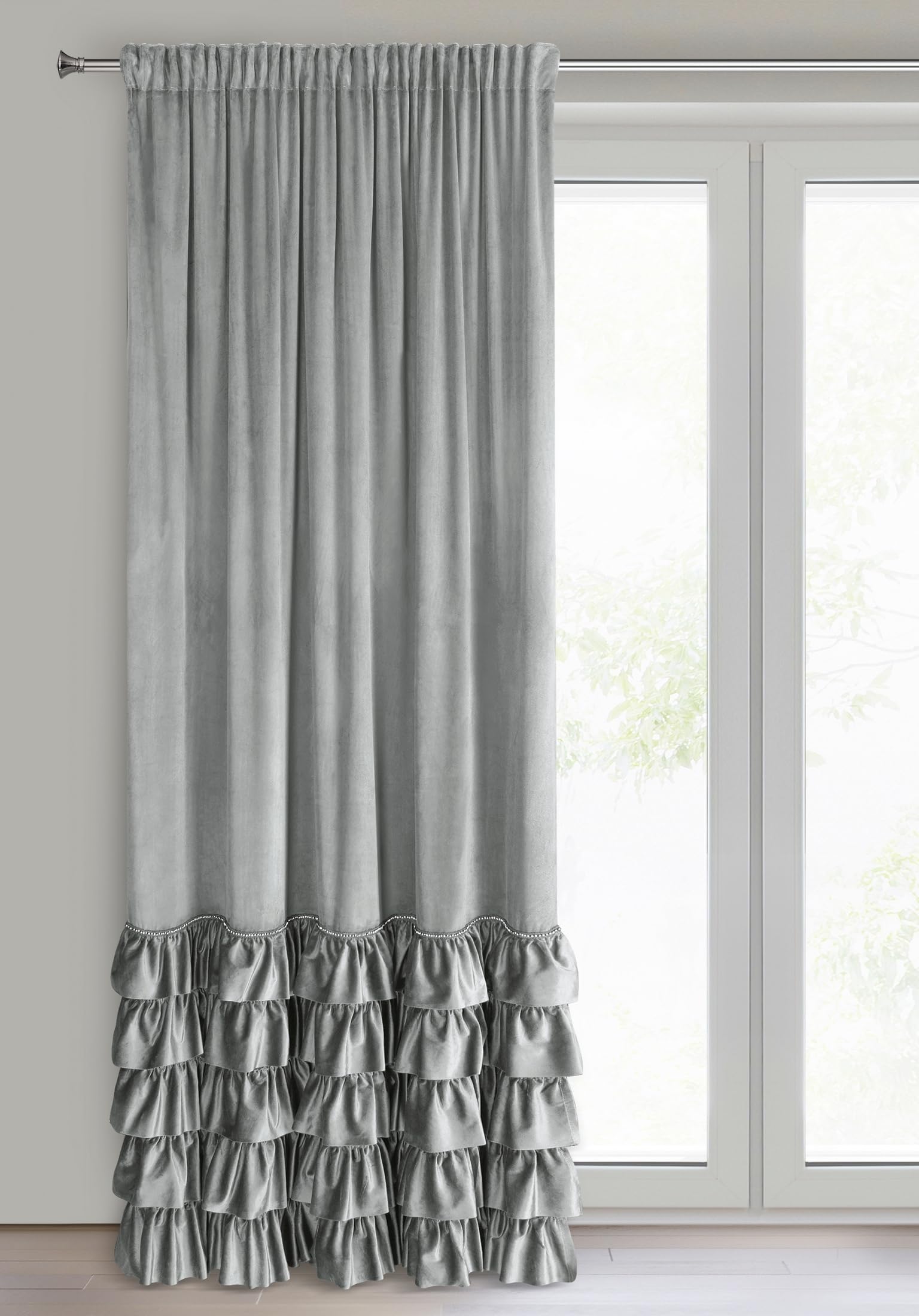 Eurofirany Carli Velvet Curtain with Ruffle Tape, 1 Piece, Opaque Blackout Curtain for Living Room Bedroom, 140 x 250 cm, Grey