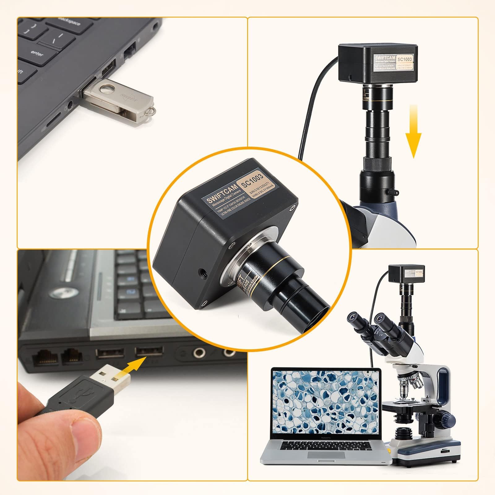 Swiftcam - Cámara de 10 Megapíxeles para Microscopios, con Lente de Reducción, Kit de Calibración, Adaptadores de Eyetube y Cable USB 3.0, Compatible con Windows/Mac/Linux