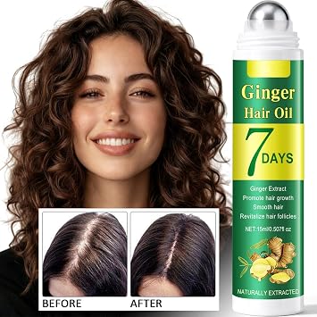 Roll On Ginger Hair Oil for Hair Growth, Ginger Extract Hair Serum to Reduce Hair Loss, Nourish Scalp & Smooth Frizzy, Dry, Damaged Hair - Strengthening, Moisturizing for All Hair Types, (2PCS)