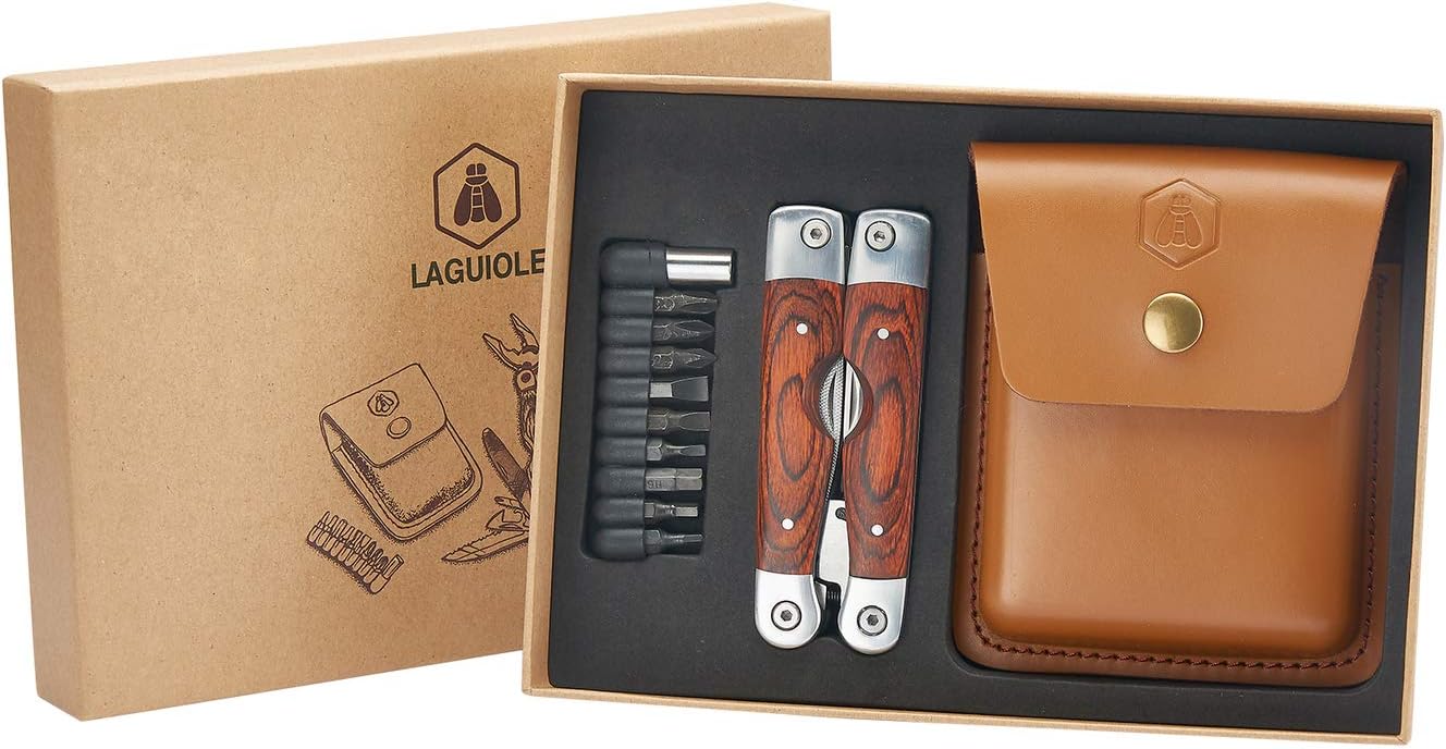 LAGUIOLE - Laguiole 40268486 Multi-Purpose Pliers (8 Functions) in Stainless Steel with Pakkawood Handle and Brown Leather Case