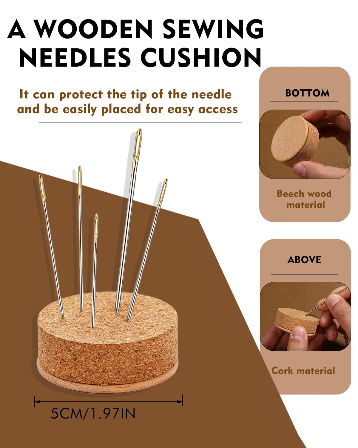 FOUSNOW Juego de 19 agujas de coser a mano, agujas de coser surtidas con cojín de agujas de coser de madera, enhebradores de agujas para coser a mano, agujas de coser a mano de 3 tamaños para coser y