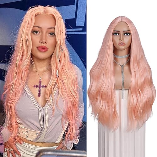 Miniatura 7 de Fancy Hair Peluca ondulada roja de 28 pulgadas, peluca sintética rizada natural para mujer, peluca larga de sirena roja con raya en medio para