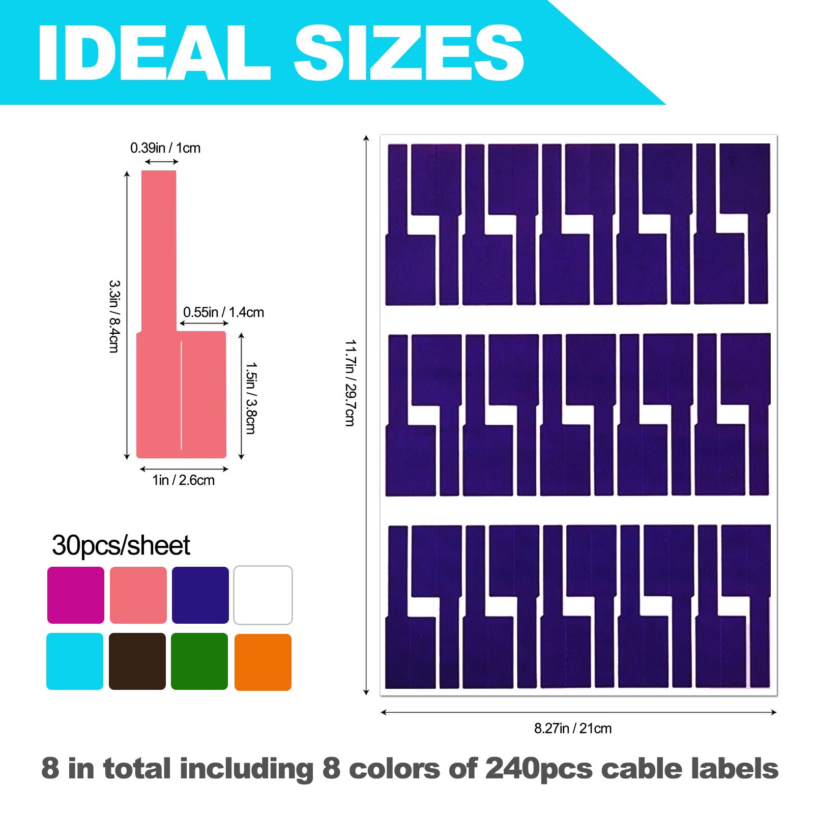 240 PCS Cable Labels, 8 Colors Waterproof Network Cable Label Stickers, Machine Room Marking Labels, Waterproof Key Identification Labels.They can be Handwritten and Printed.